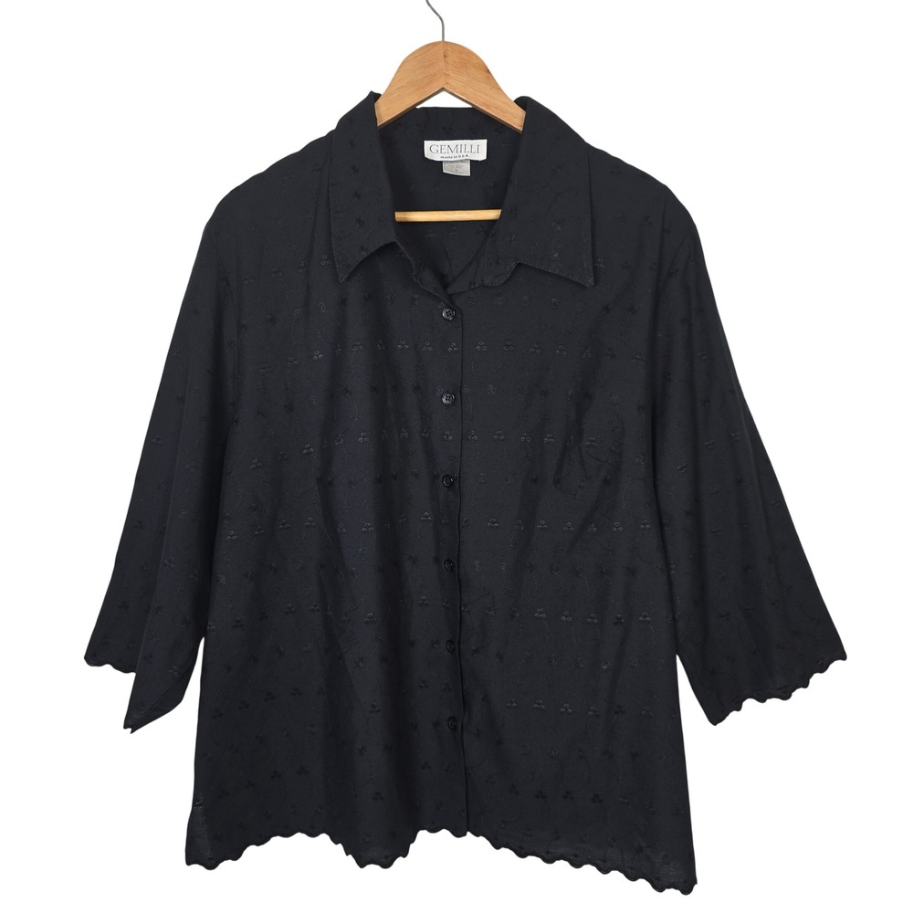 Gemilli Womens 2X Black Floral Embroidered Button Up Blouse Made in USA